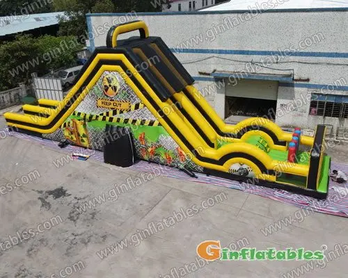 28ft Adult Toxic dual lane dry slide with obstacle course