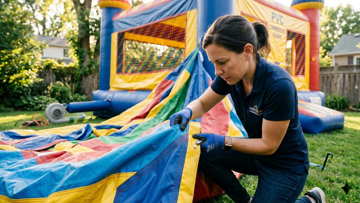 Business owner inspecting commercial-grade PVC bounce house seams and material