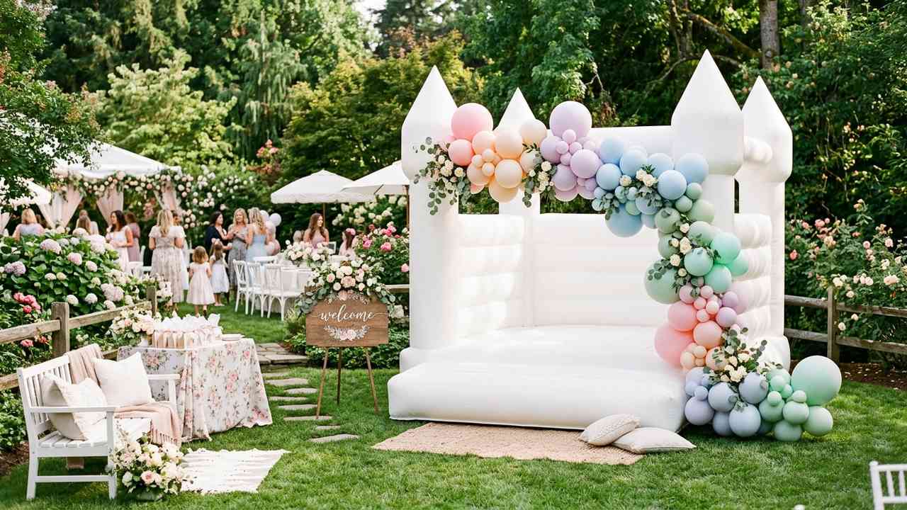 White bounce house set up at an elegant outdoor event