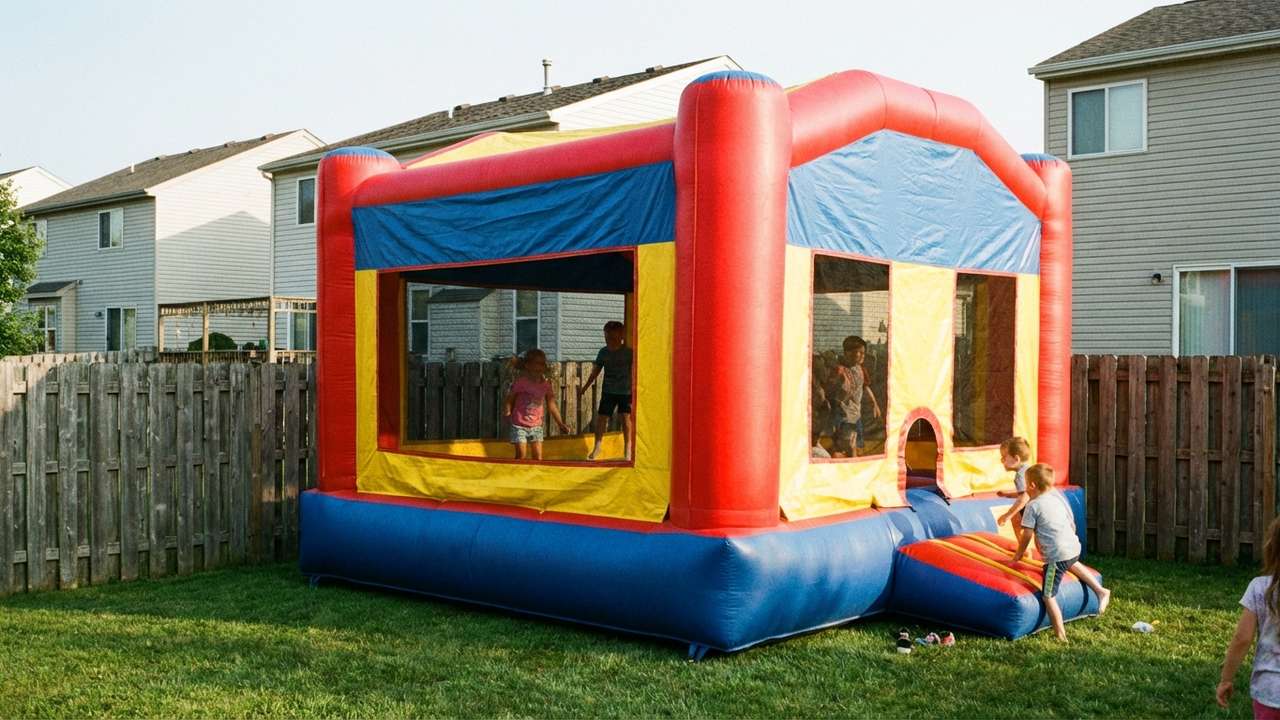 Commercial 15x15 bounce house set up in a suburban backyard