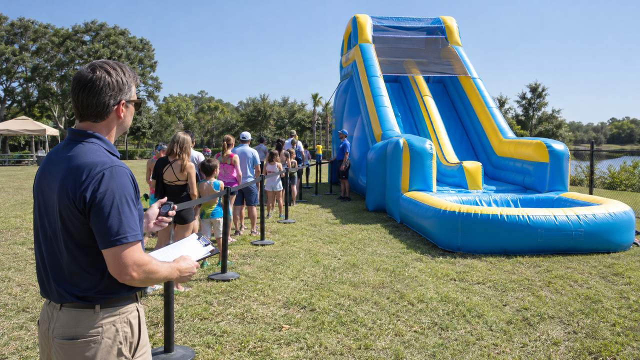 Inflatable Water Park Queue Observation: Waiting Times, Departures & Spillover