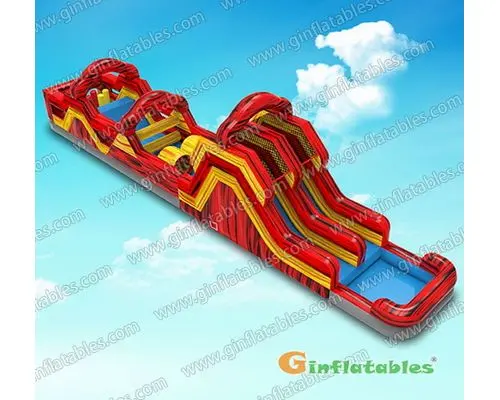 Yellow and red marble obstacle course with pool